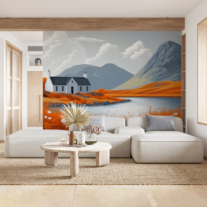 Rural Cottage Landscape Mural Wallpaper | Serene Rustic Decoration