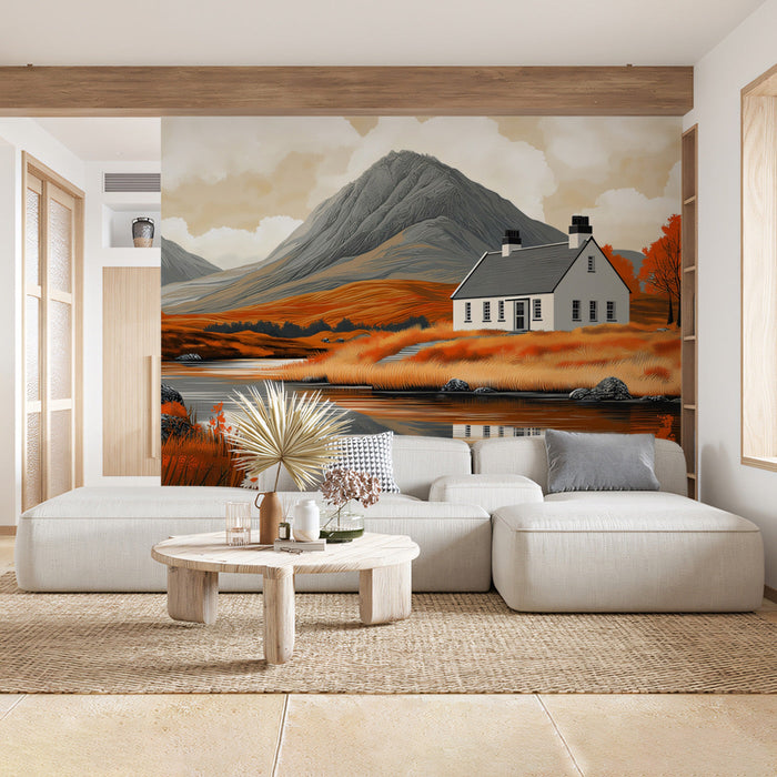 Rural Cottage Landscape Mural Wallpaper | Serene Rustic Decoration