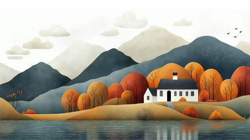 Cottage Autumn Landscape Mural Wallpaper | Rustic Cozy Decoration