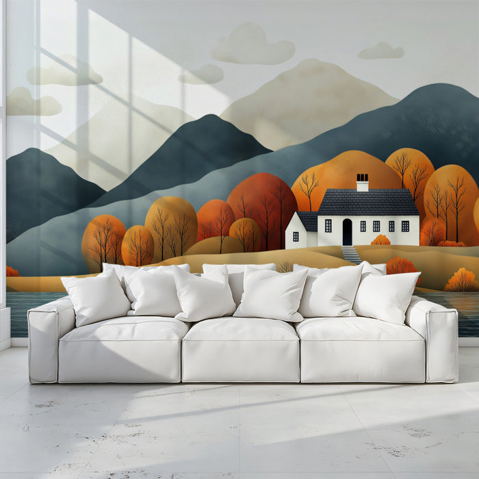 Cottage Autumn Landscape Mural Wallpaper | Rustic Cozy Decoration