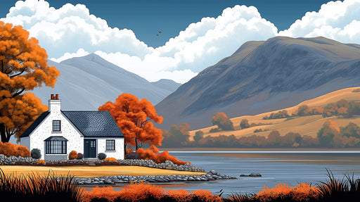 Cottage Autumn Landscape Mural Wallpaper | Rustic Cozy Decoration