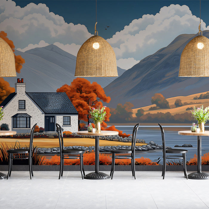 Cottage Autumn Landscape Mural Wallpaper | Rustic Cozy Decoration