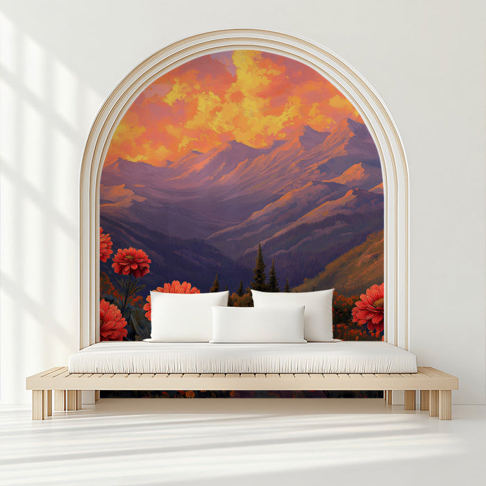 Arch Mountain Floral Sunset Mural Wallpaper | Whimsical Artistic Decoration