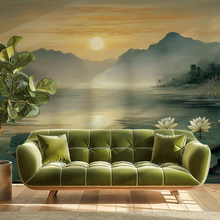 Lake Sunset Lotus Mural Wallpaper | Tranquil Elegant Decoration