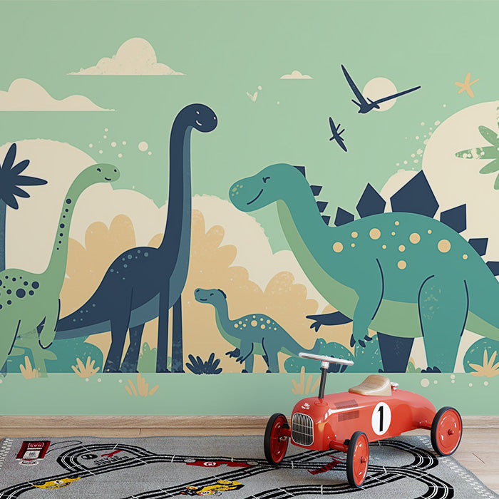Carta da parati murale paesaggio di dinosauro | Giallo, verde, blu e marrone dinosauro -3