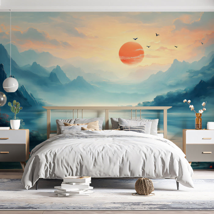 Mountain Sunset Birds Mural Wallpaper | Serene Natural Decoration