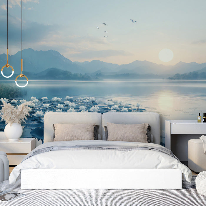 Lake Lotus Mountain Mural Wallpaper | Serene Natural Decoration
