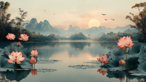 Pink Lotus Sunset Mural Wallpaper | Elegant Tranquil Decoration