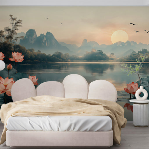 Pink Lotus Sunset Mural Wallpaper | Elegant Tranquil Decoration