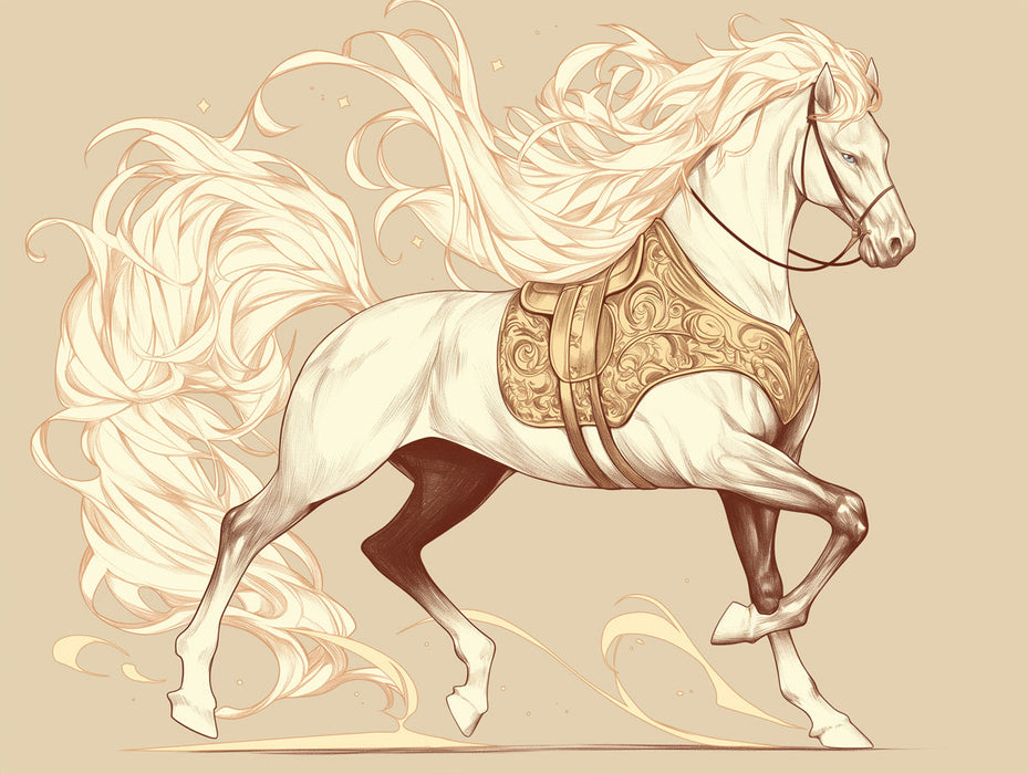 White Horse with Golden Saddle Mural Wallpaper | Luxurious Artistic