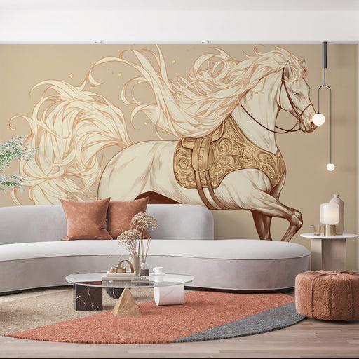 White Horse with Golden Saddle Mural Wallpaper | Luxurious Artistic
