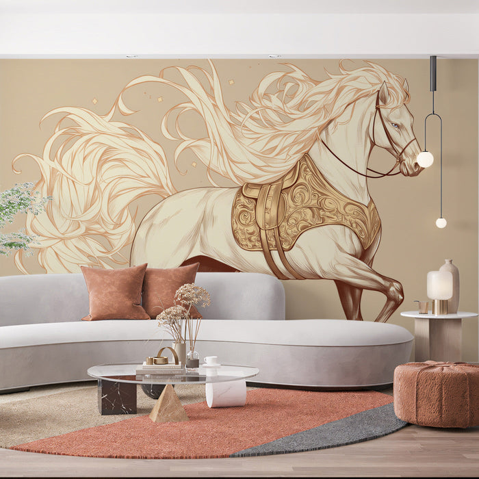 White Horse with Golden Saddle Mural Wallpaper | Luxurious Artistic