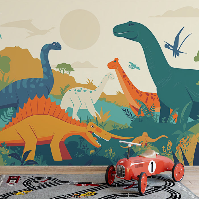 Carta da parati murale paesaggio di dinosauro | Giallo, verde, blu e marrone dinosauro -4