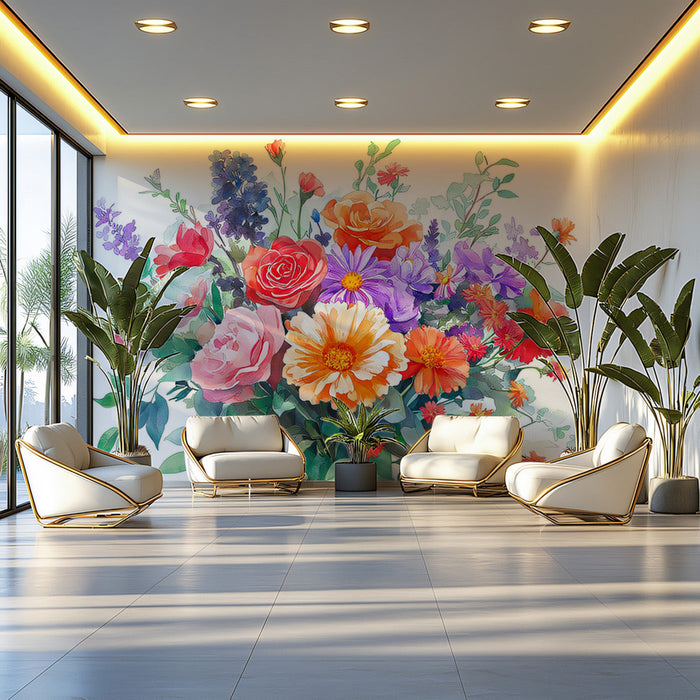 Diverse Floral Ensemble Mural Wallpaper | Lively Elegant Decoration