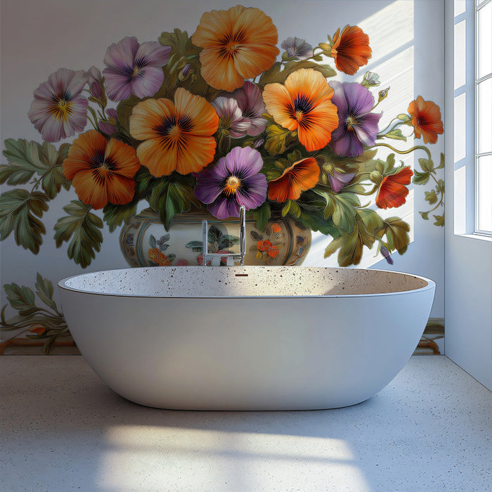 Pansy Floral Arrangement Mural Wallpaper | Classic Vibrant Decoration
