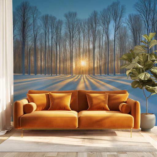 Snowy Forest Sunray Mural Wallpaper | Serene Natural Decoration