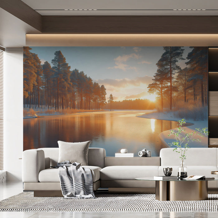 Lakeside Forest Sunset Mural Wallpaper | Scenic Tranquil Decoration