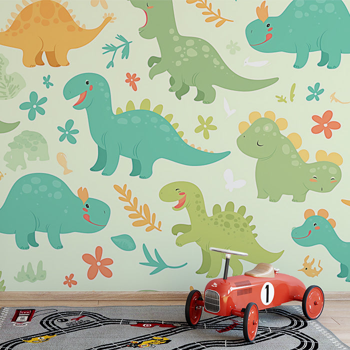 Carta da parati murale con disegno di dinosauro carino | Verde, arancione, blu e bianco dinosauro