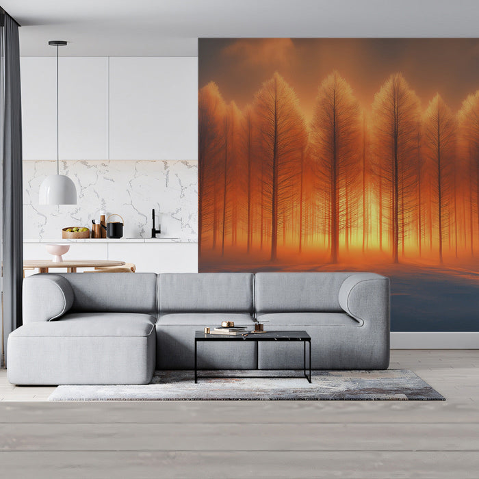 Orange-Toned Forest Sunset Mural Wallpaper | Warm Scenic Decoration