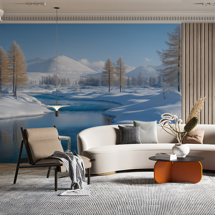 Snowy Mountain River Mural Wallpaper | Natural Peaceful Decoration