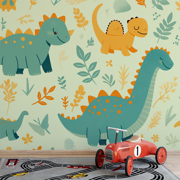Papel tapiz mural con patrón de dinosaurio lindo | Dinosaurio verde, naranja, azul y blanco -1