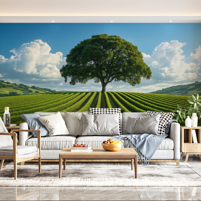 Single Tree Vineyard Mural Wallpaper | Tranquil Natural Decoration