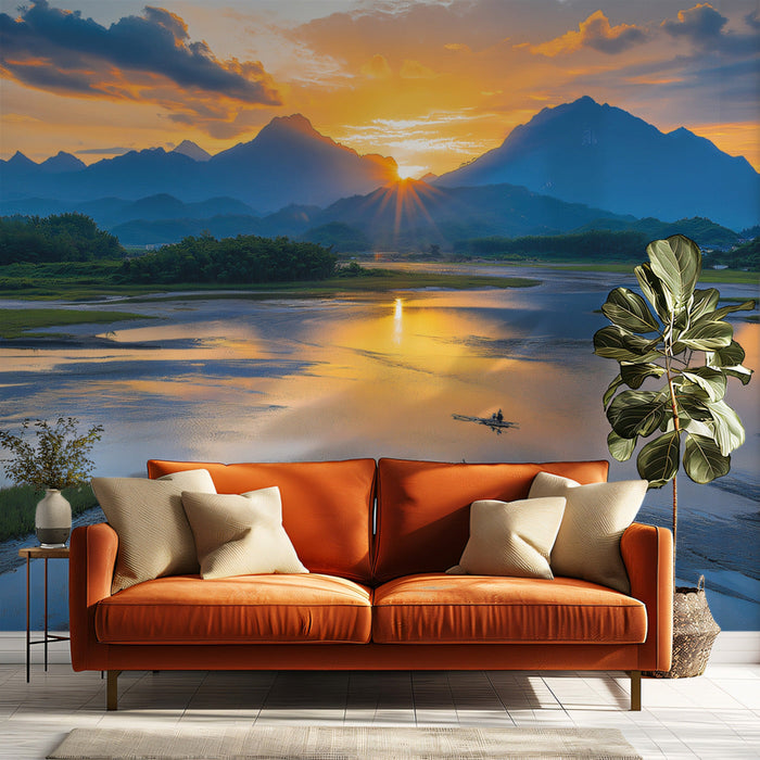 Mountain Sunset River Mural Wallpaper | Serene Grand Decoration
