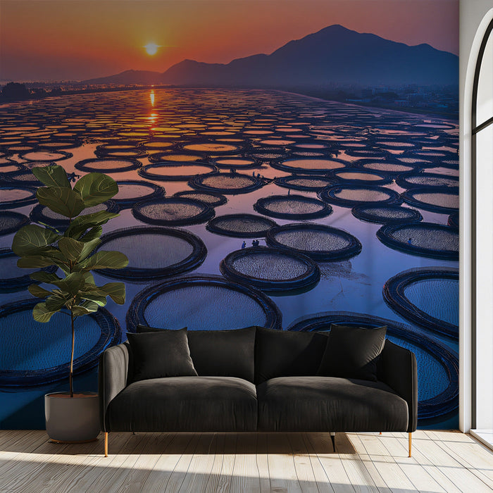 Circular Water Farm Mural Wallpaper | Geometric Scenic