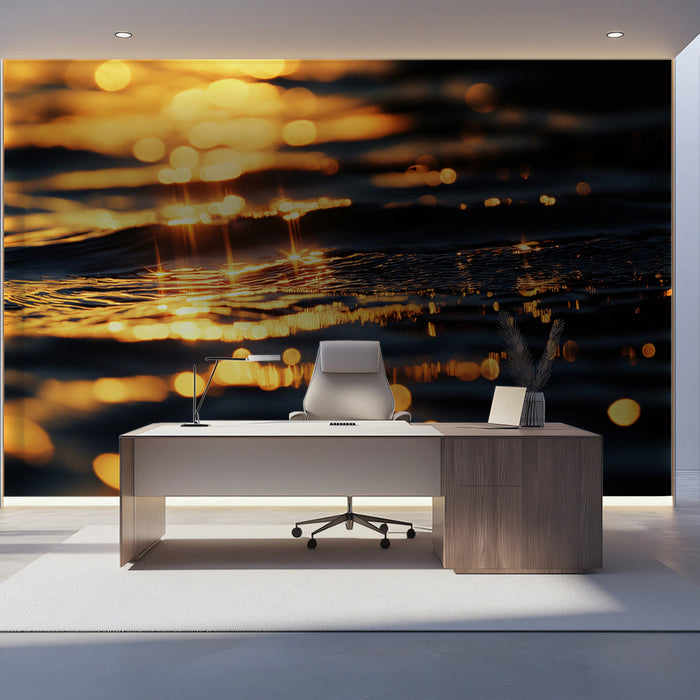 Golden Water Ripples Bedroom Mural Wallpaper | Luxurious Serene Decoration