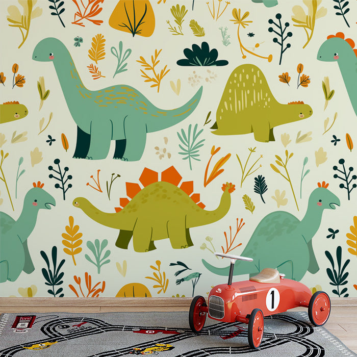 Papel tapiz mural con patrón de dinosaurio lindo | Dinosaurio verde, naranja, azul y blanco -2