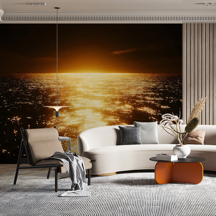 Golden Sea Living Room Mural Wallpaper | Opulent Coastal Decoration
