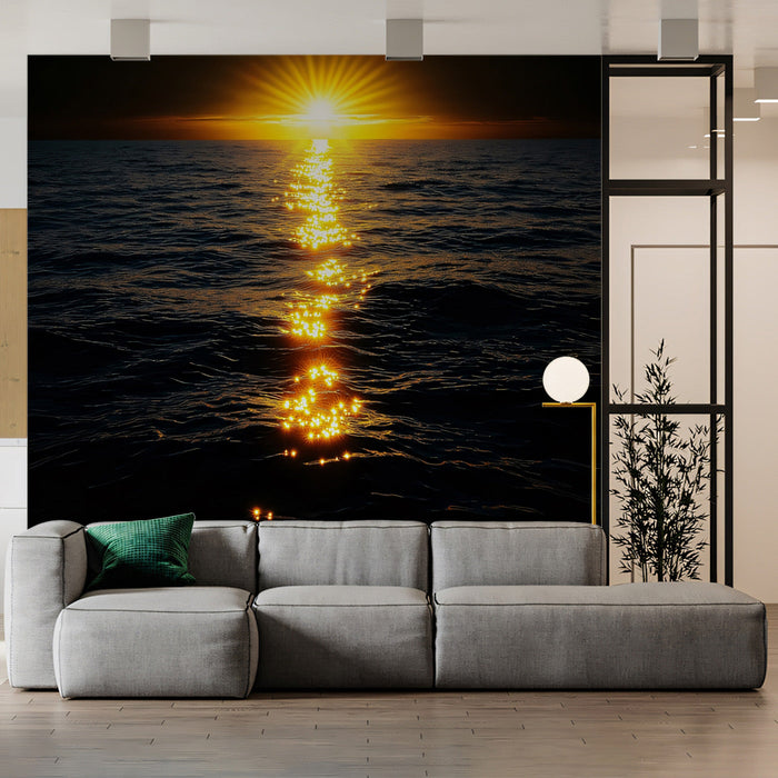 Golden Sea Living Room Mural Wallpaper | Opulent Coastal Decoration