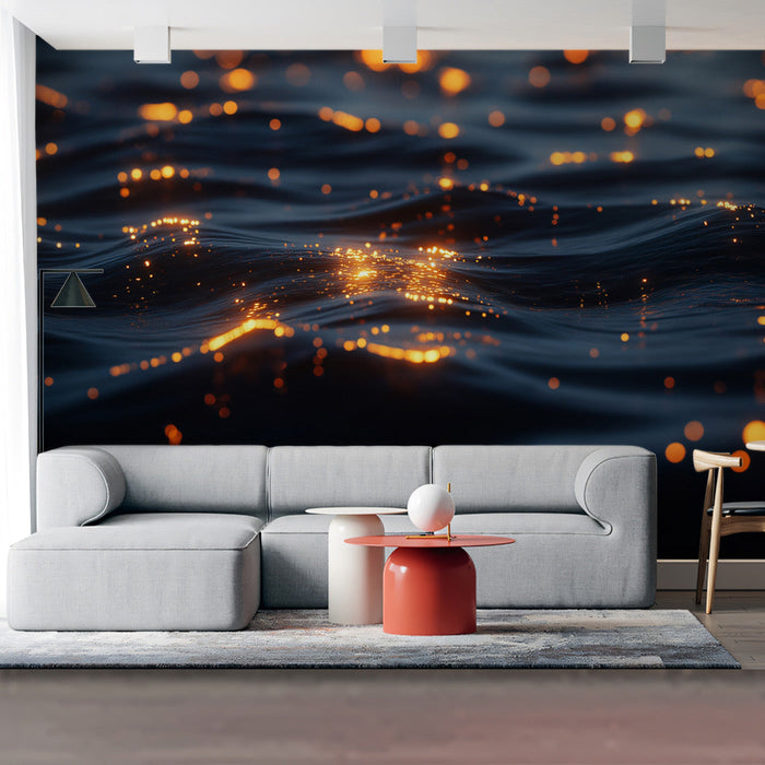 Golden Sparkles on Dark Waves Mural Wallpaper | Modern Luxurious Decoration