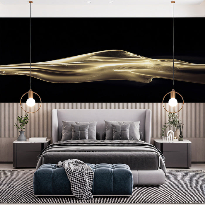 Sleek Golden Wave Bedroom Mural Wallpaper | Contemporary Elegant Decoration