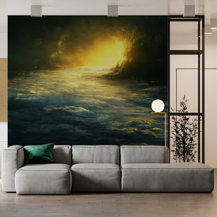 Golden Sunlit Ocean Mural Wallpaper | Dramatic Natural Decoration