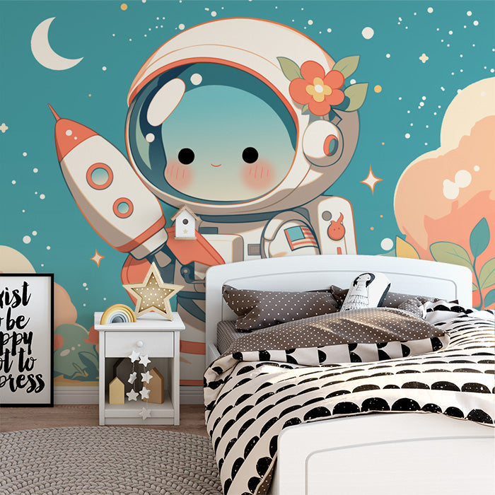 Carta da parati murale adorabile astronauta con razzo | Astronauta blu arancione bianco e rosa