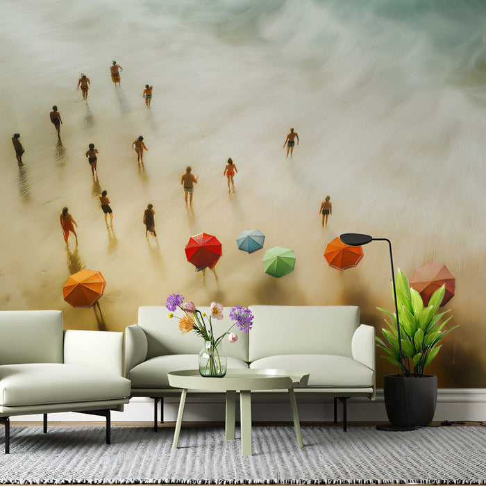 Beach Scene with Umbrellas Mural Wallpaper | Vibrant Coastal Decoration
