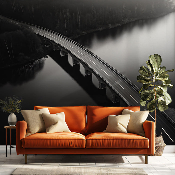 Black-and-White Bridge Over Water Mural Wallpaper | Modern Dramatic Decoration