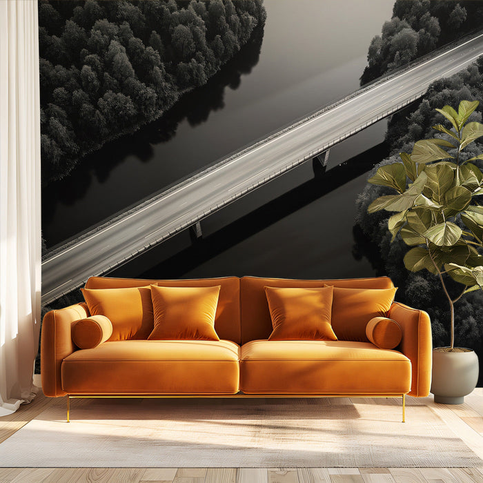 Black-and-White Bridge Over Water Mural Wallpaper | Modern Dramatic Decoration
