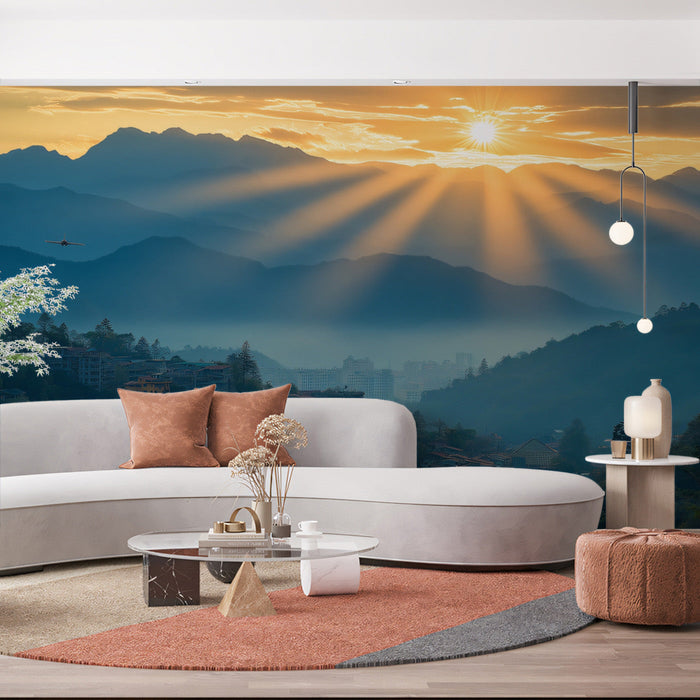 Mountain Sunset with Rays Mural Wallpaper | Serene Scenic Decoration