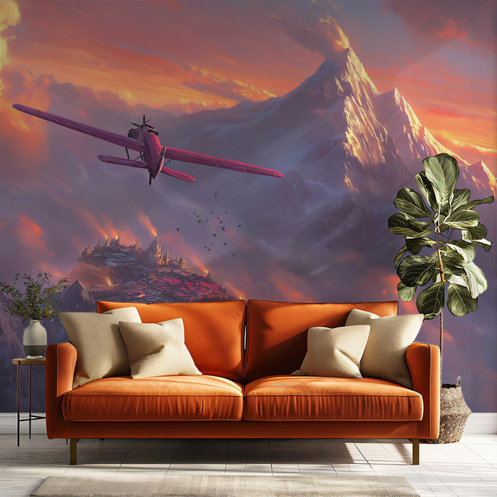Fantasy Mountain with Plane Mural Wallpaper | Whimsical Adventurous Decoration