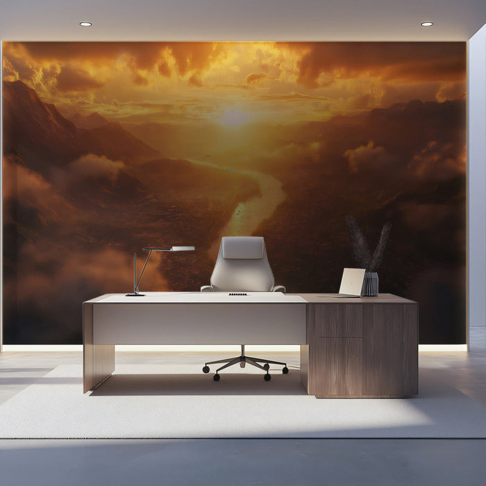 Golden Mountain River Office Mural Wallpaper | Dramatic Professional Decoration