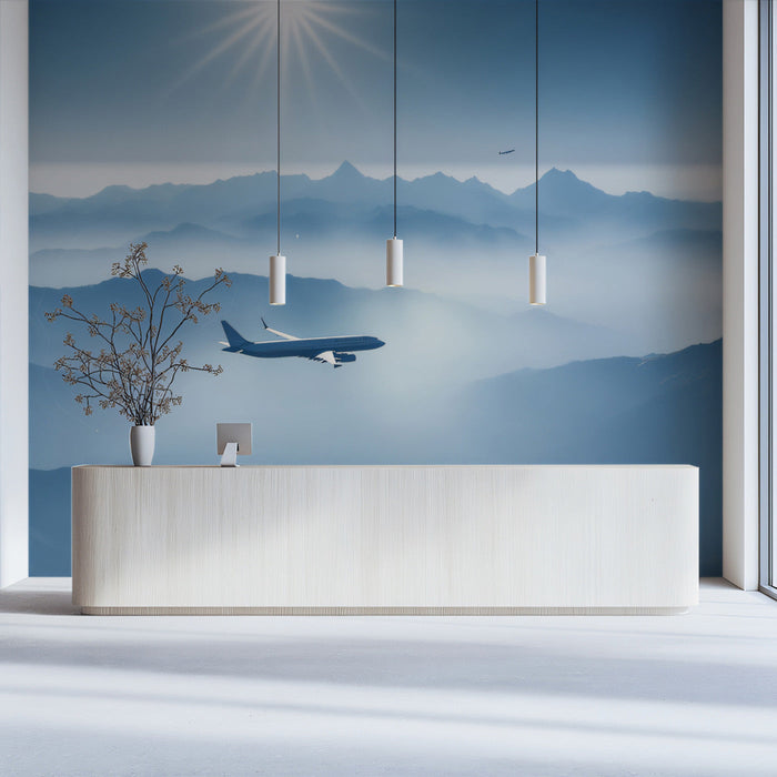 Blue Mountain Plane Reception Mural Wallpaper | Serene Modern Decoration