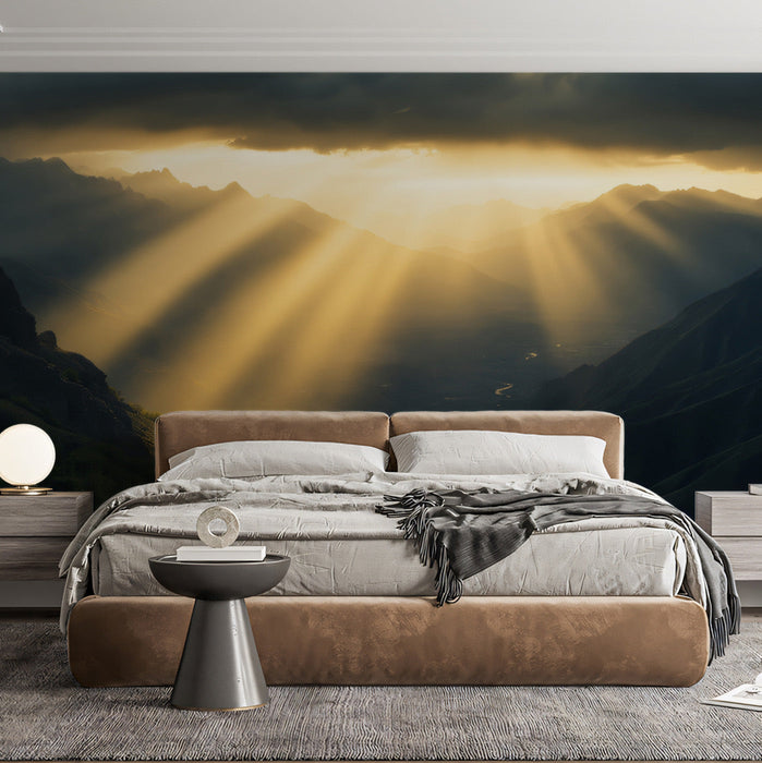 Golden Rays Bedroom Mountain Mural Wallpaper | Luxurious Serene Decoration