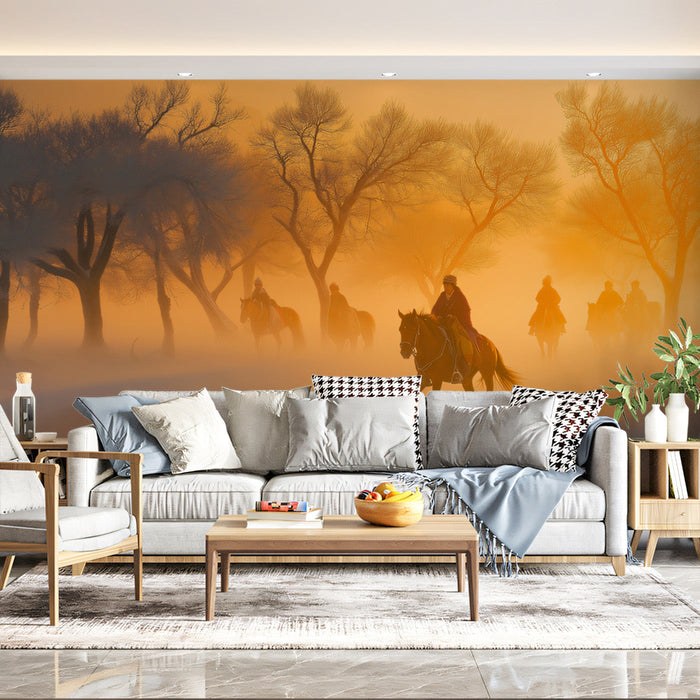 Riders in Orange Forest Living Room Mural Wallpaper | Rustic Dynamic Decoration