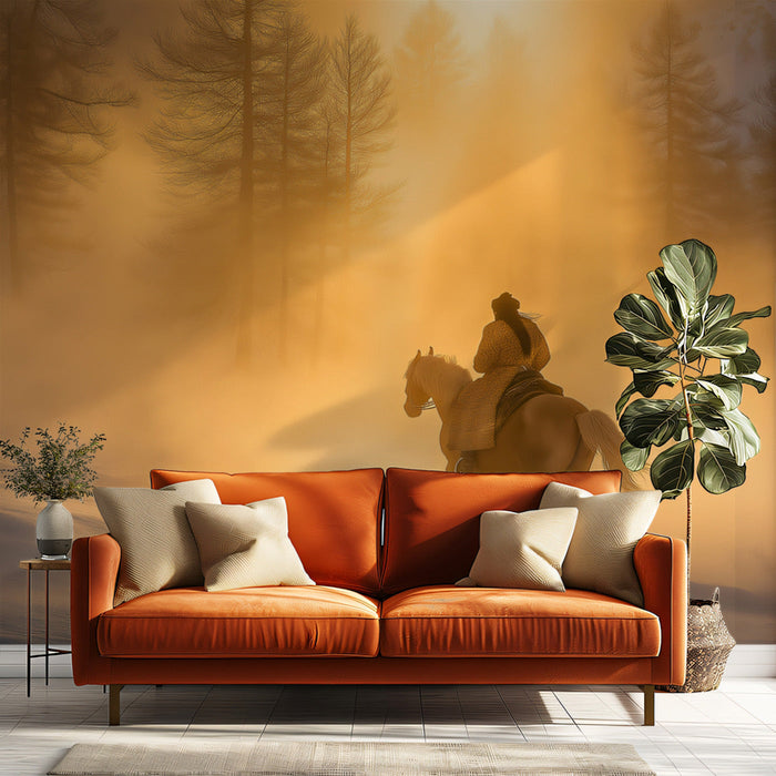 Misty Forest Rider Mural Wallpaper | Rustic Dynamic Decoration