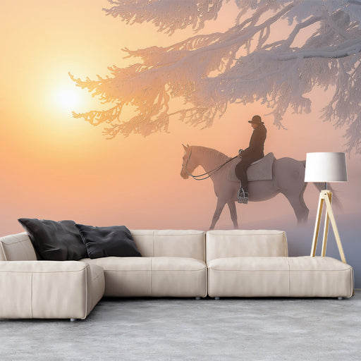 Snowy Tree Rider Sunset Mural Wallpaper | Serene Elegant Decoration