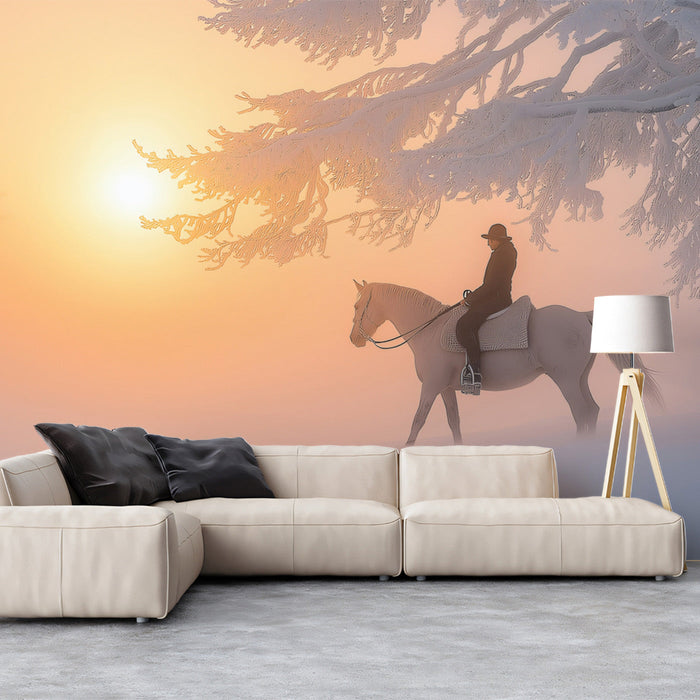 Snowy Tree Rider Sunset Mural Wallpaper | Serene Elegant Decoration