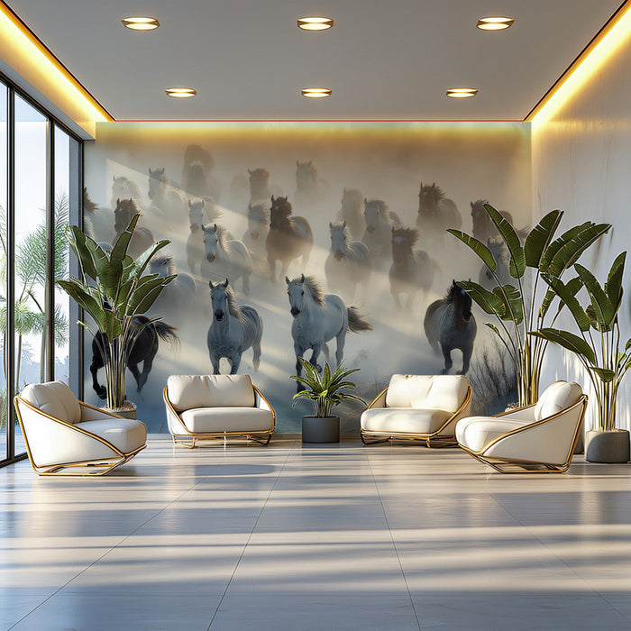 Galloping Horses Misty Mural Wallpaper | Majestic Energetic Decoration