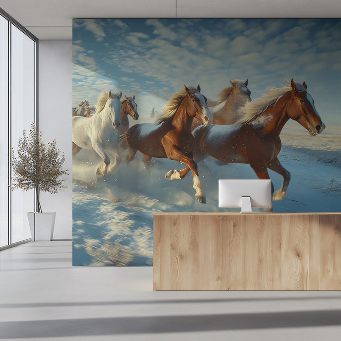 Snowfield Horses Gallop Mural Wallpaper | Bold Natural Decoration